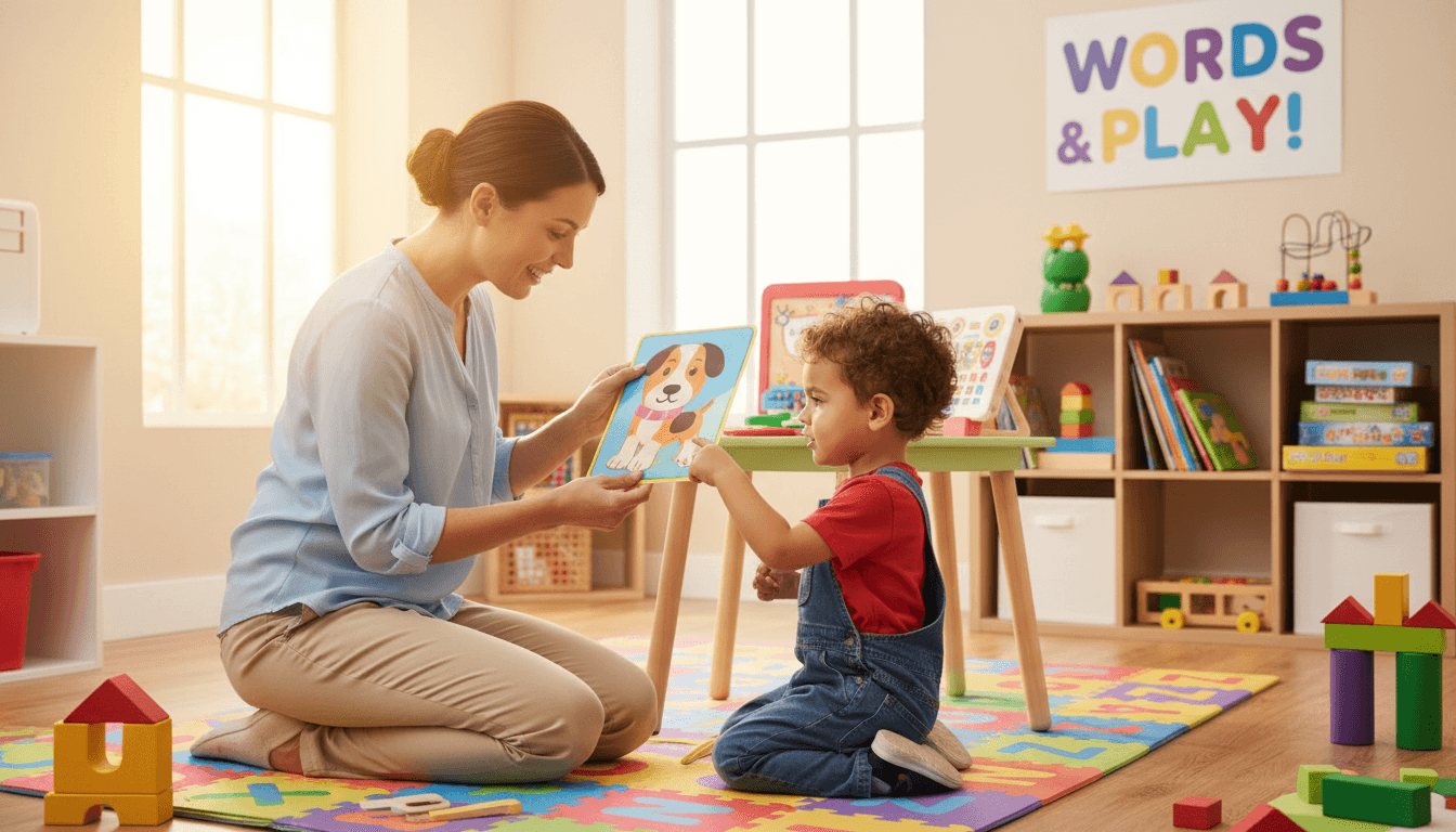 Pediatric therapist working with young child in a bright, caring therapy setting