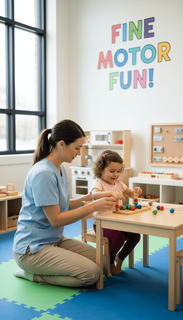 Occupational therapist assisting child with fine motor skills and practical life activities in clinic