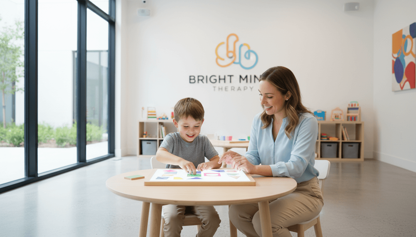 Child and therapist working together during ABA therapy session in a bright, welcoming environment