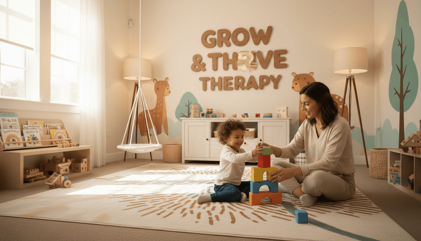 Warm, welcoming therapy room where a child and caregiver interact during developmental activities
