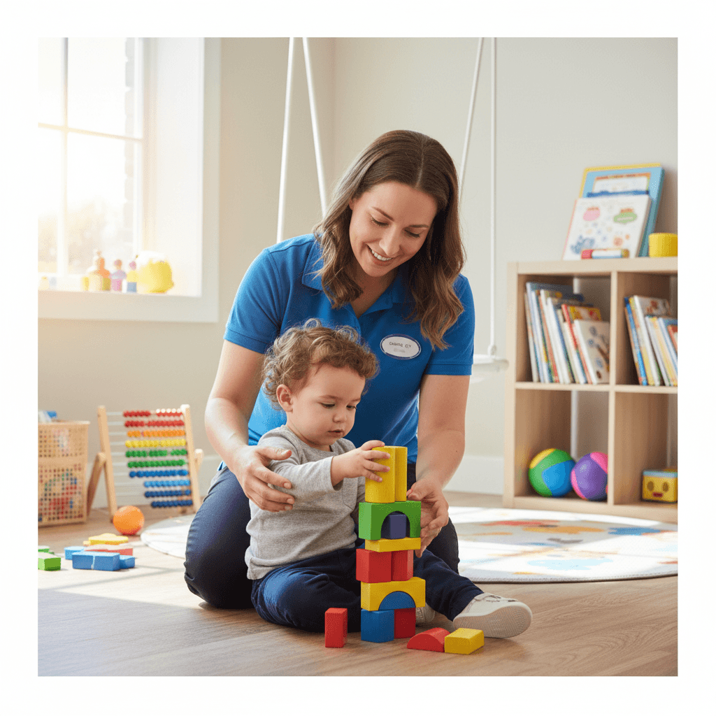 Therapist guiding a child in motor skill activities in a bright, welcoming clinic