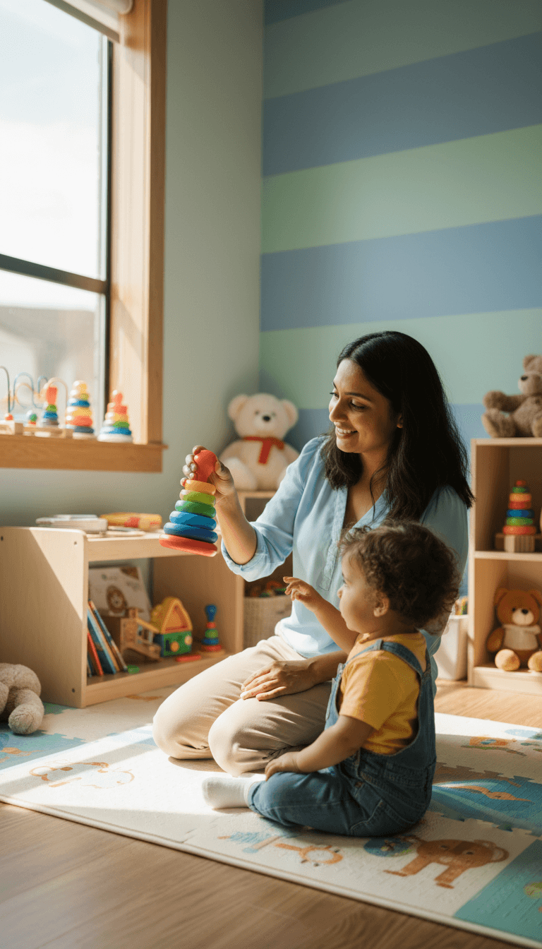 An early intervention specialist engages with a toddler during a play-based therapy session