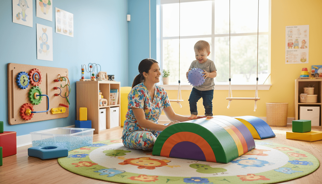Pediatric therapy team working with children in a supportive intervention setting