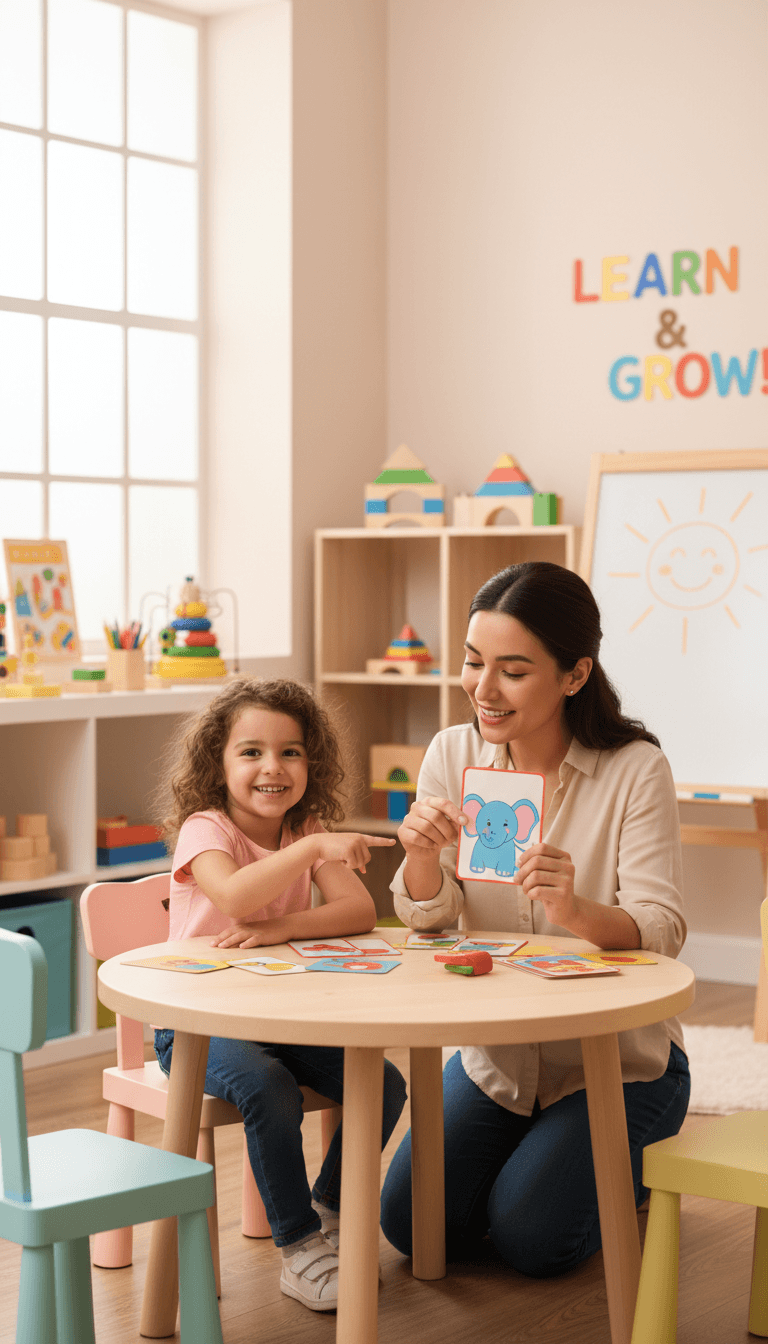 Child working with ABA therapist in bright, welcoming therapy room