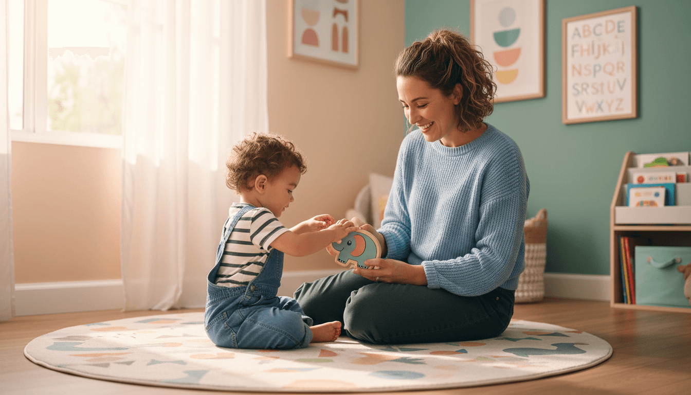 Early intervention specialist engaging with a child on a play mat in a bright therapy room