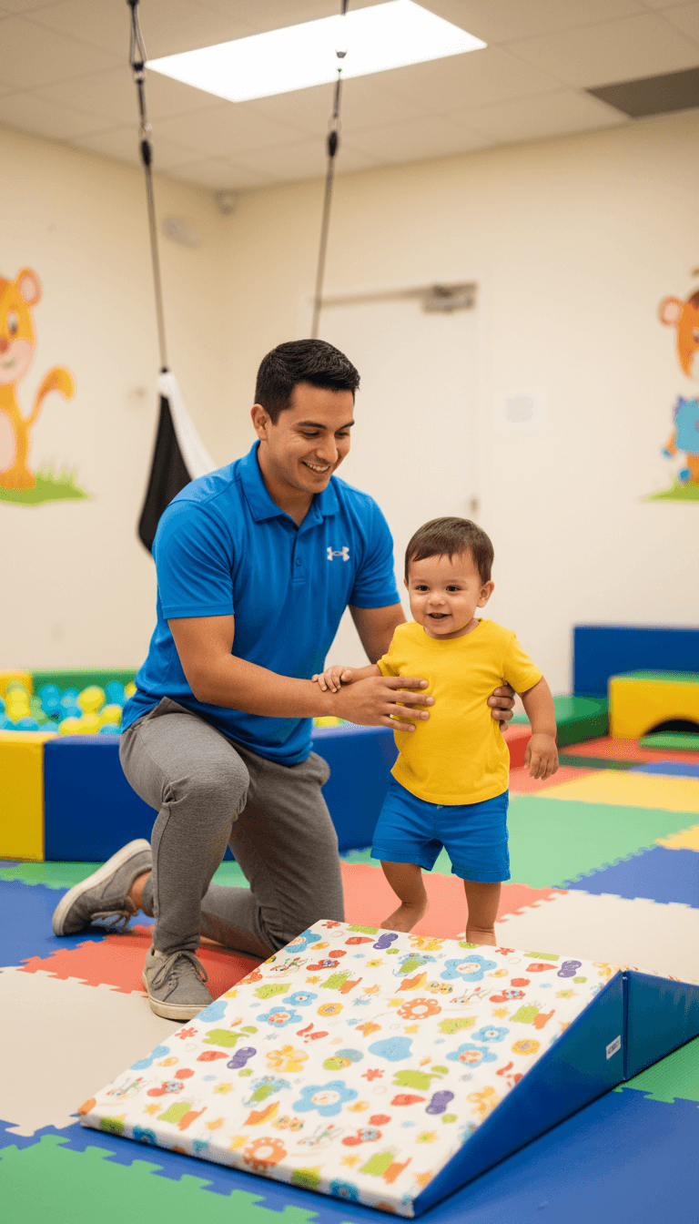Physical therapist helping a toddler with balance