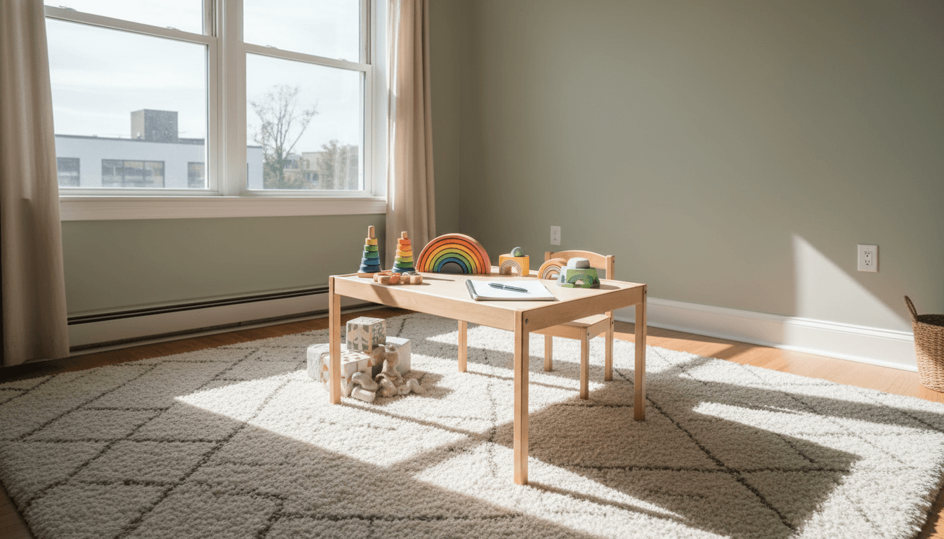 A bright, quiet therapy room in Staten Island with toys and a notebook on a table, ready for a new child's evaluation