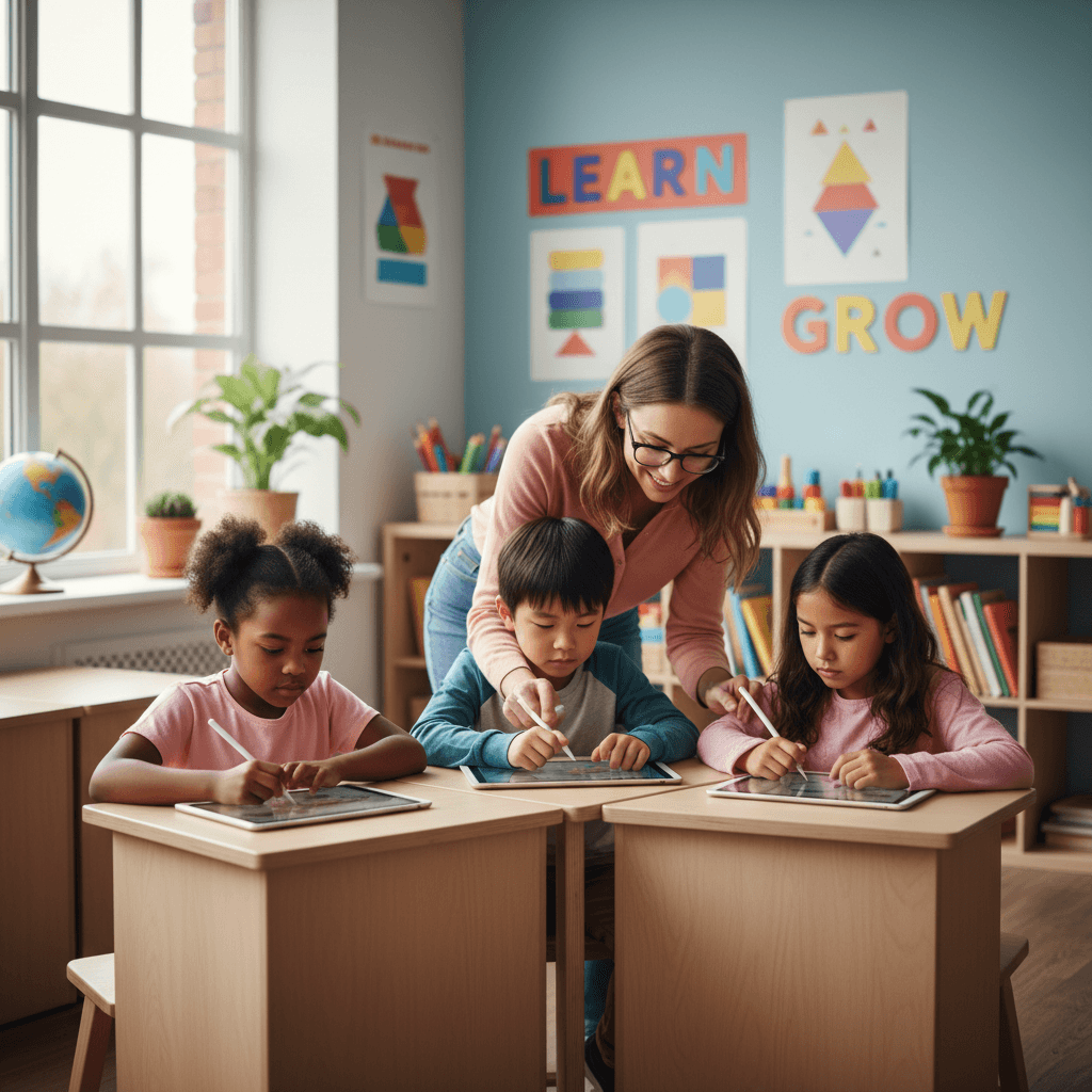 Three diverse students with an instructor during a tutoring session in a bright classroom