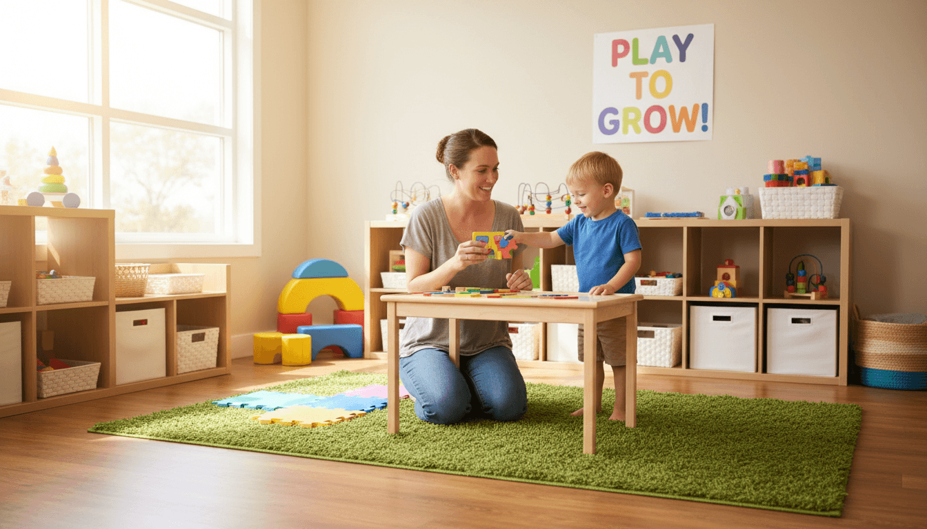 Therapist conducting developmental activities with a young child during an early intervention session