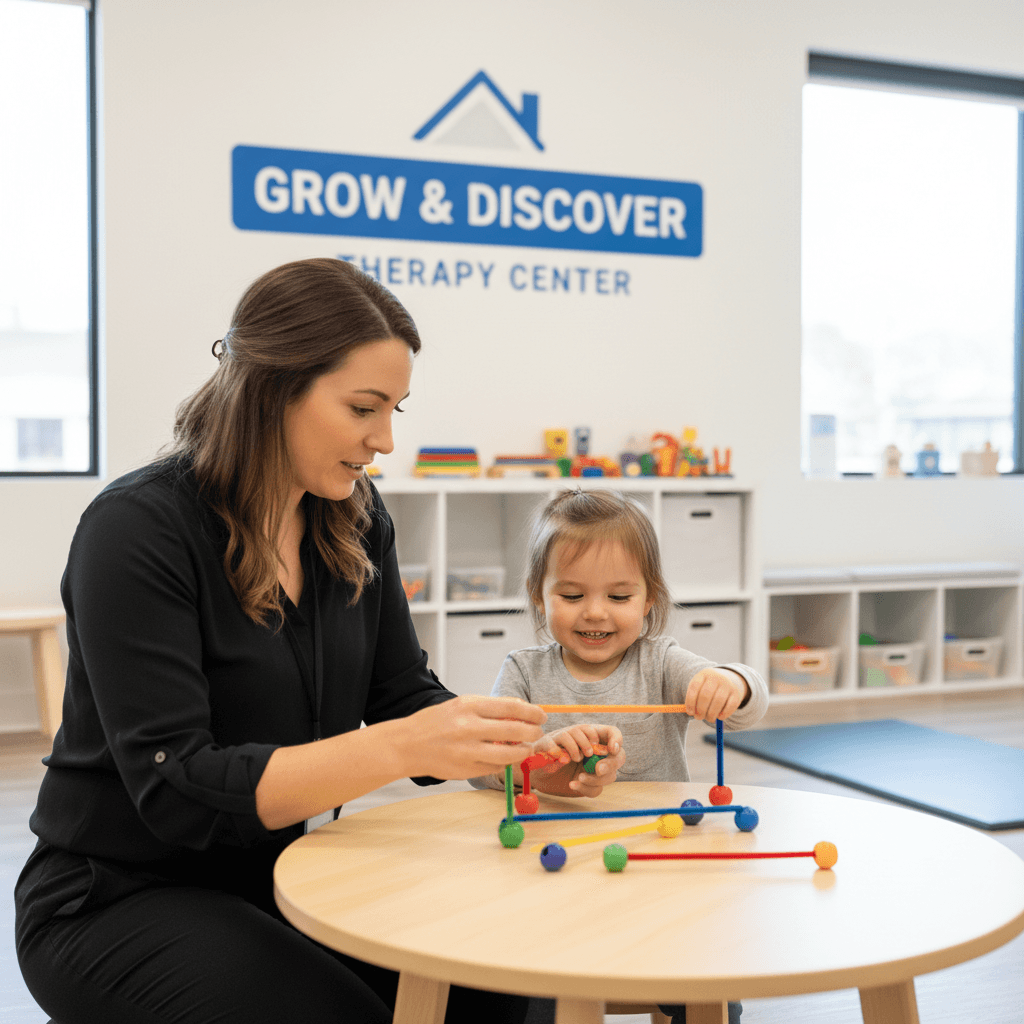 Occupational therapist helping child with fine motor skills during therapeutic activity in modern clinic