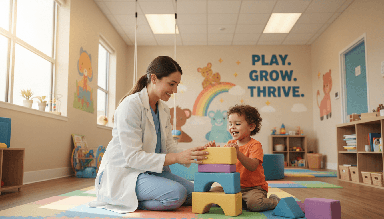 Pediatric therapist engaging with child in a warm, supportive therapy session