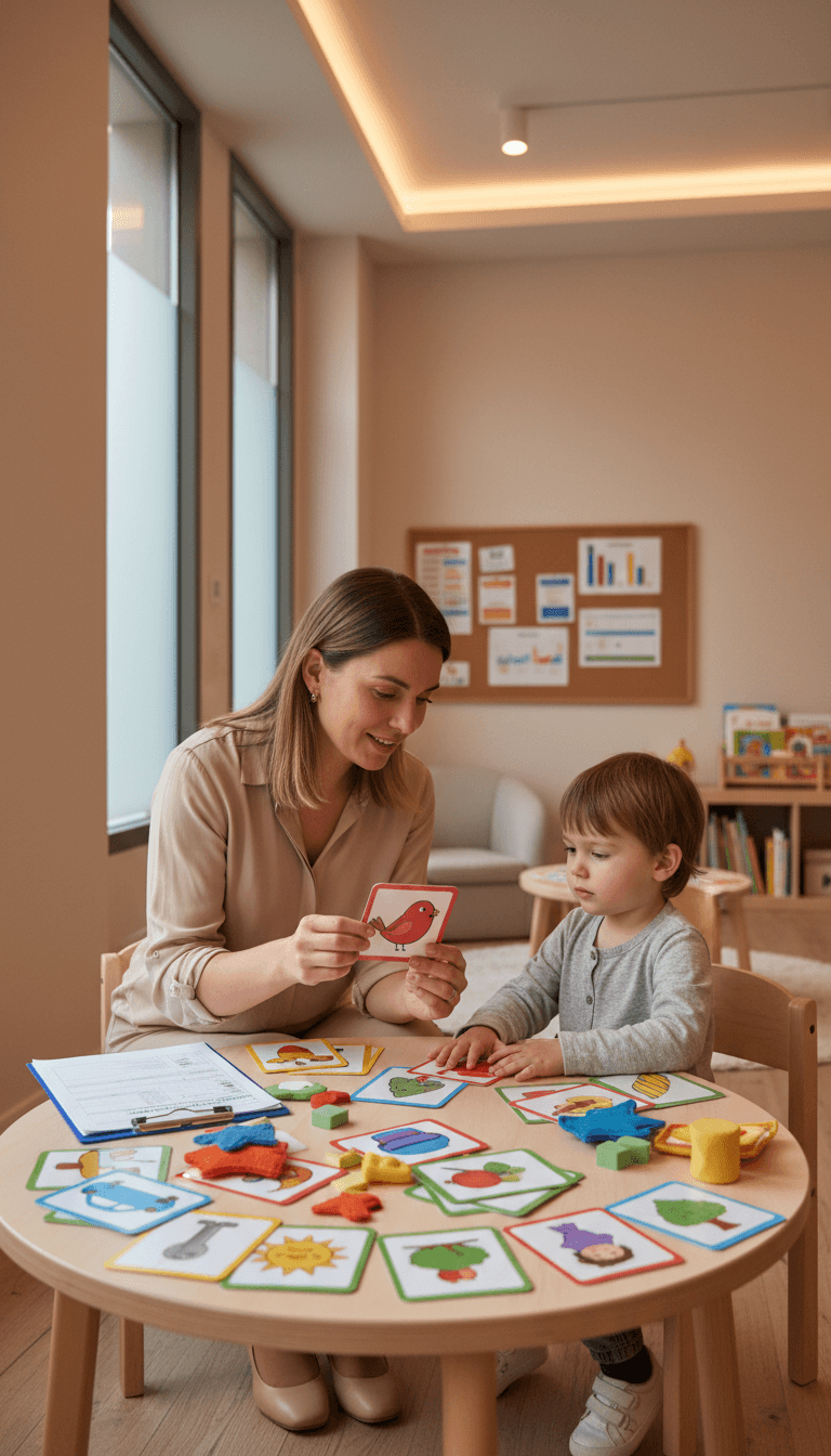 Speech-language pathologist conducting individualized linguistic assessment with young child using specialized evaluation materials