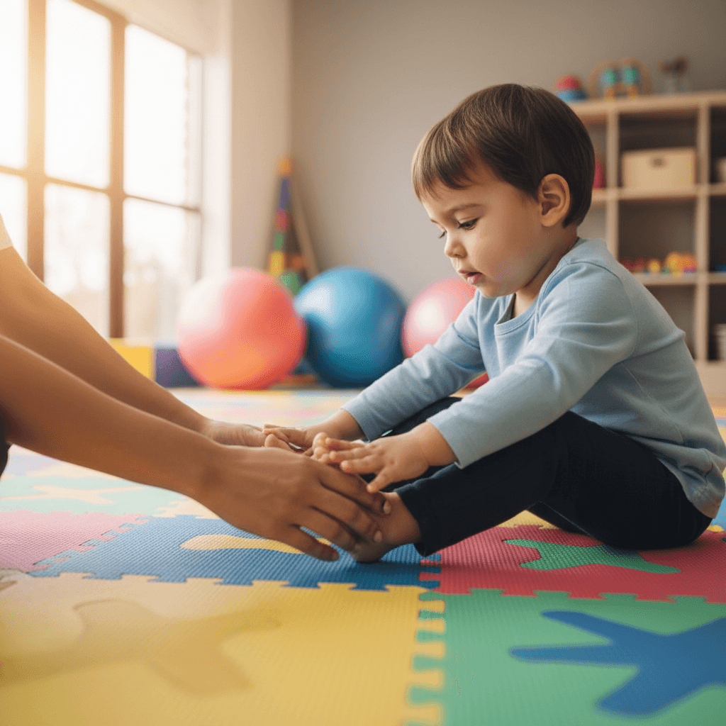 Instructor's hands guiding a child through motor skill exercise on colorful foam mat with natural light