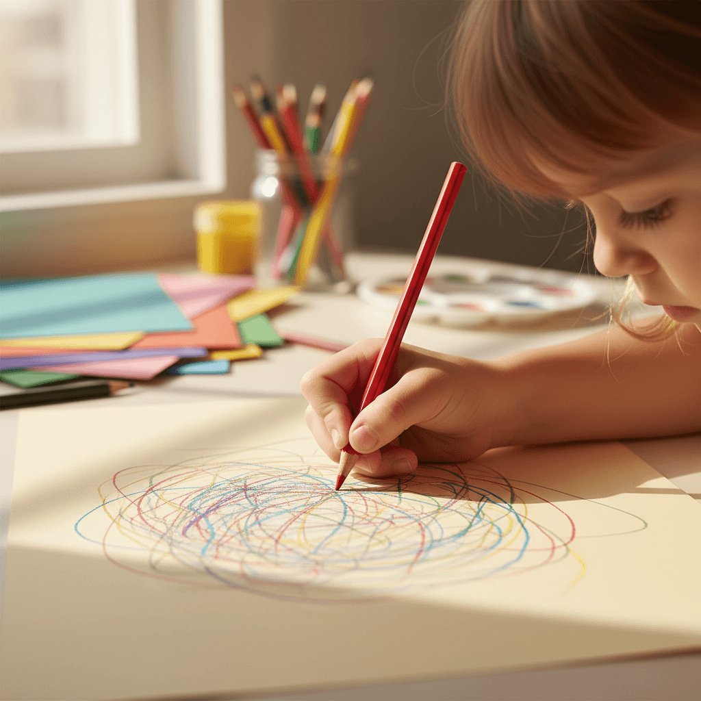 Close-up of child's hand writing with colored pencil on paper during classroom art and writing activity