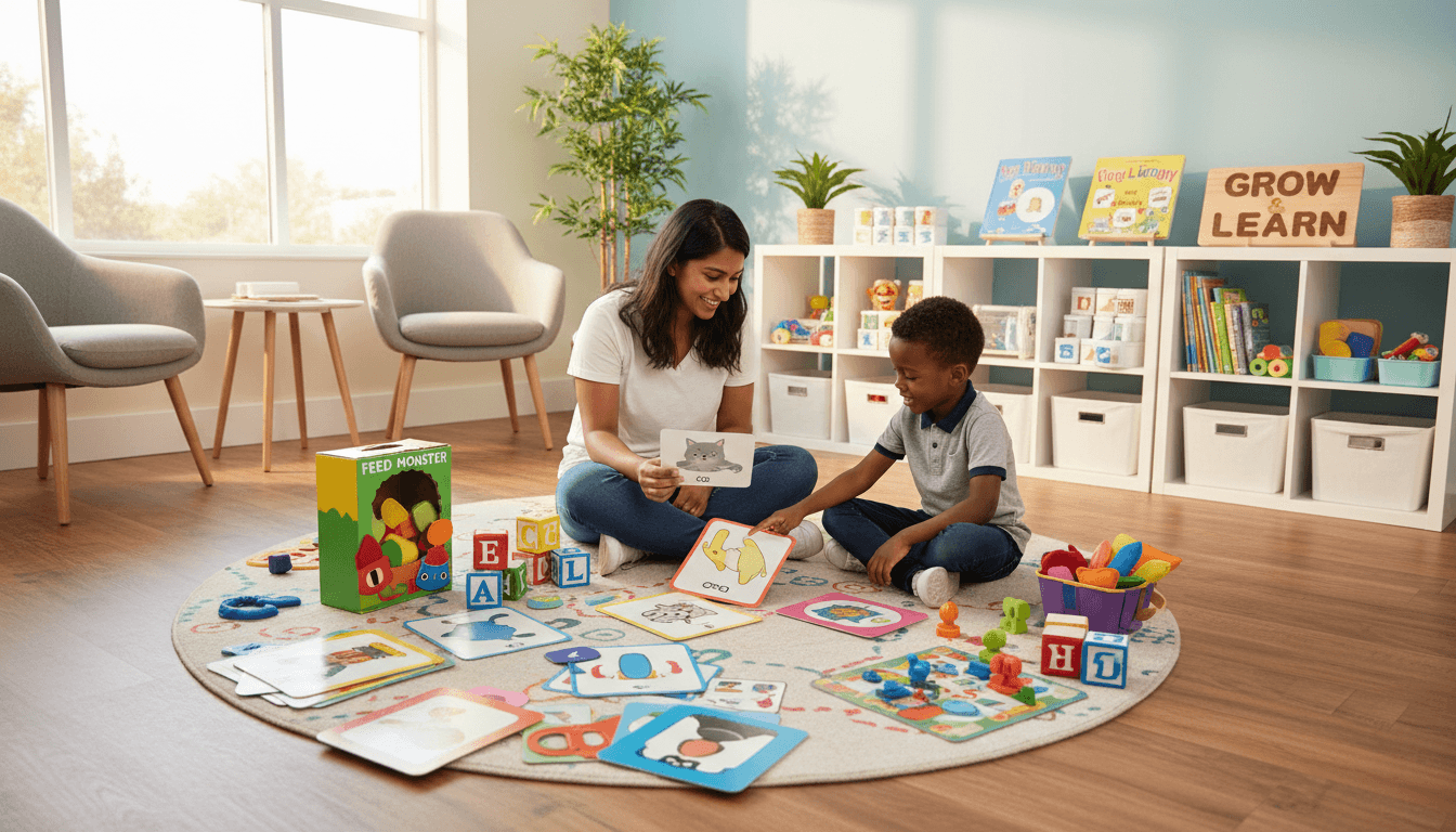Speech language pathologist working with child during therapy session