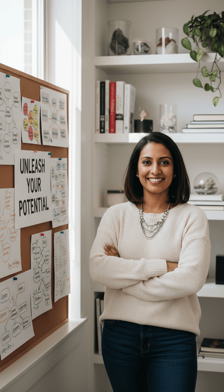 Confident female coach standing beside vision boards in bright, welcoming workspace