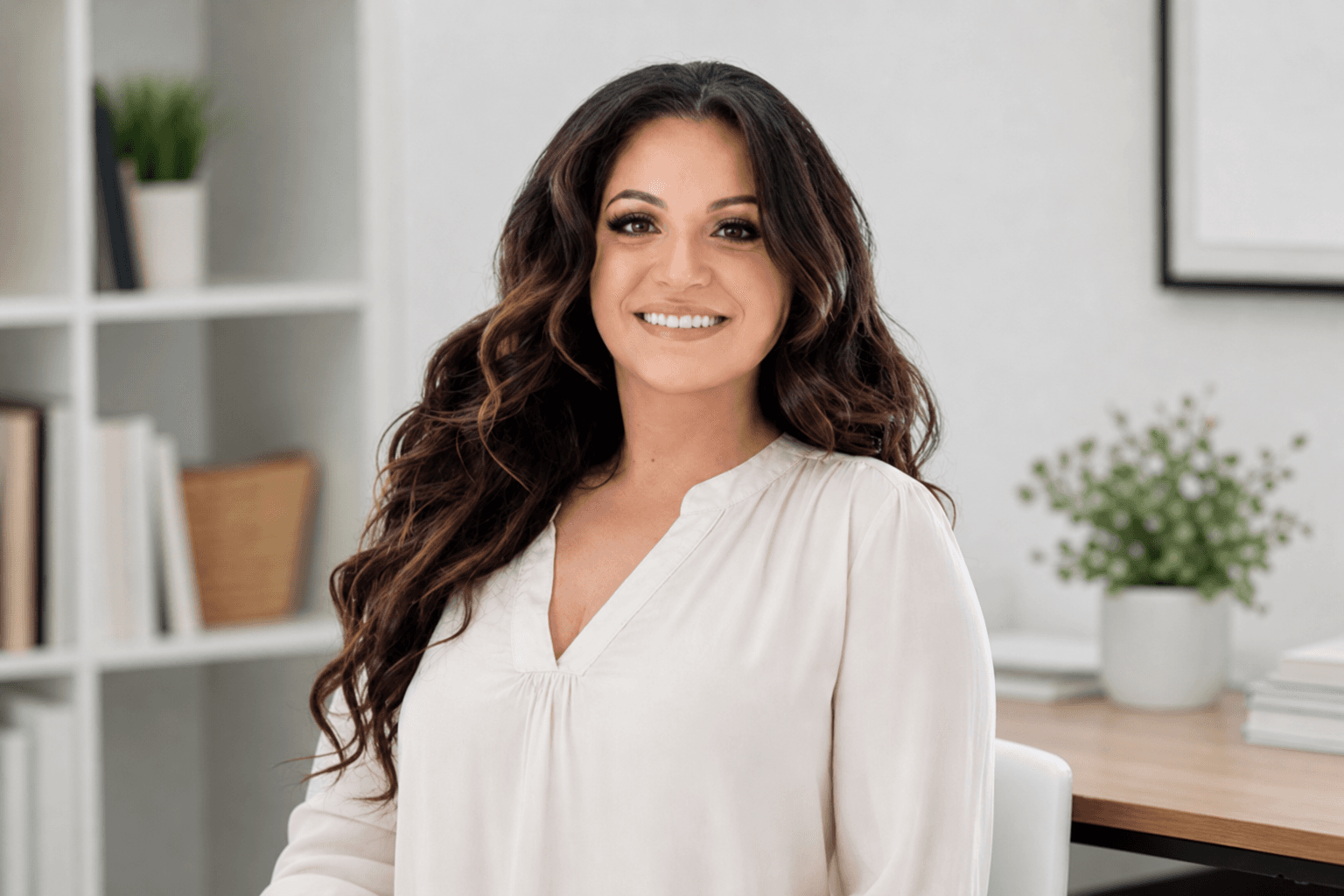 Smiling woman with long dark wavy hair wearing a cream blouse in an office.